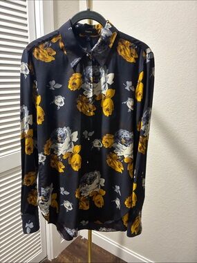 Theory Black Floral Button-Up Blouse - Yellow & Gray Flowers